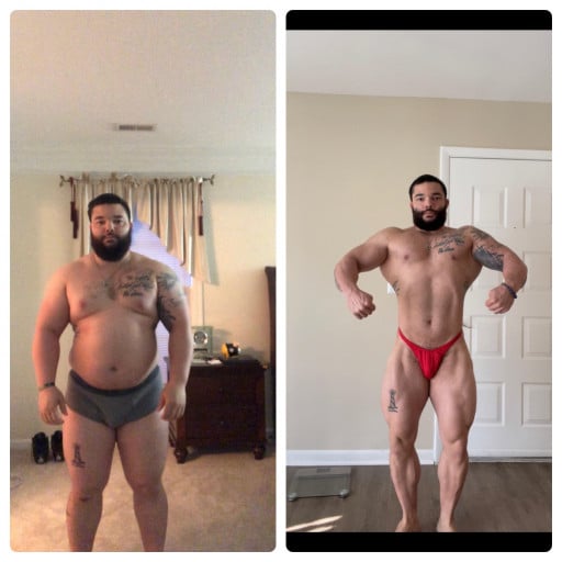 A before and after photo of a 5'6" male showing a weight reduction from 268 pounds to 195 pounds. A respectable loss of 73 pounds.