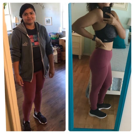 A progress pic of a 5'2" woman showing a fat loss from 170 pounds to 133 pounds. A respectable loss of 37 pounds.