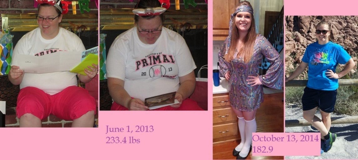 A picture of a 5'7" female showing a weight loss from 233 pounds to 182 pounds. A net loss of 51 pounds.