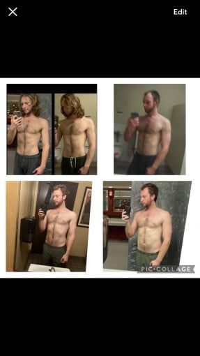 A before and after photo of a 5'9" male showing a muscle gain from 145 pounds to 165 pounds. A respectable gain of 20 pounds.