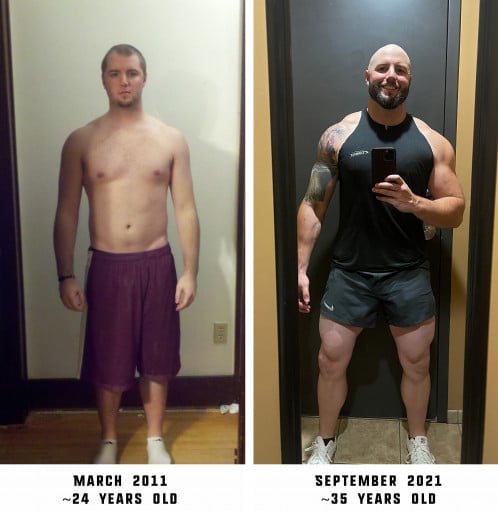 A photo of a 6'0" man showing a muscle gain from 200 pounds to 215 pounds. A net gain of 15 pounds.