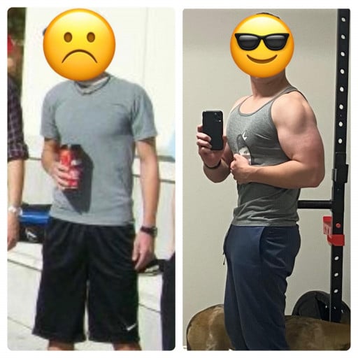 A progress pic of a 5'8" man showing a weight bulk from 120 pounds to 170 pounds. A total gain of 50 pounds.
