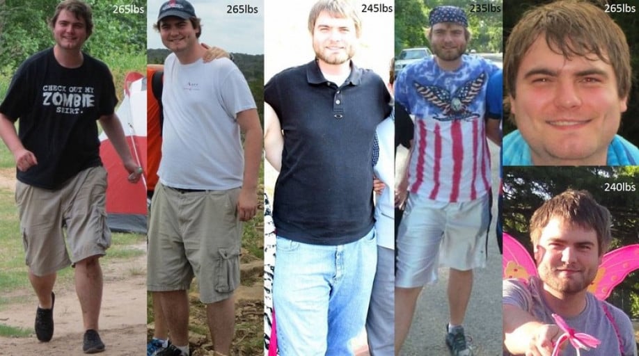 A before and after photo of a 6'4" male showing a weight reduction from 265 pounds to 235 pounds. A net loss of 30 pounds.