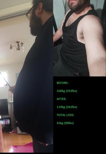 A progress pic of a 5'7" man showing a fat loss from 353 pounds to 262 pounds. A net loss of 91 pounds.