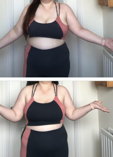 A photo of a 5'3" woman showing a weight cut from 213 pounds to 197 pounds. A net loss of 16 pounds.