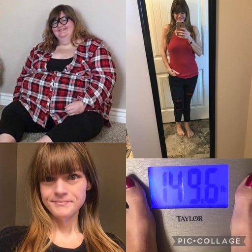 A picture of a 5'6" female showing a weight loss from 425 pounds to 149 pounds. A total loss of 276 pounds.