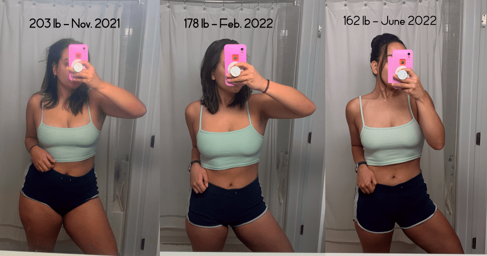 A before and after photo of a 5'8" female showing a weight reduction from 203 pounds to 162 pounds. A respectable loss of 41 pounds.