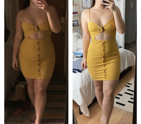 A before and after photo of a 5'6" female showing a weight reduction from 196 pounds to 160 pounds. A respectable loss of 36 pounds.