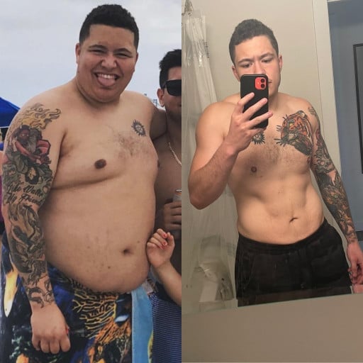 A photo of a 6'2" man showing a weight cut from 370 pounds to 220 pounds. A net loss of 150 pounds.