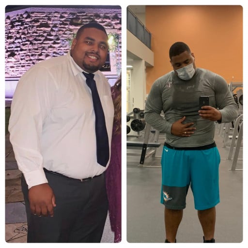 A progress pic of a 5'11" man showing a fat loss from 325 pounds to 285 pounds. A total loss of 40 pounds.