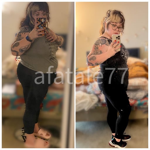 A progress pic of a 5'5" woman showing a fat loss from 295 pounds to 233 pounds. A respectable loss of 62 pounds.