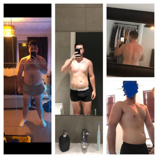 A before and after photo of a 6'0" male showing a weight reduction from 240 pounds to 210 pounds. A total loss of 30 pounds.