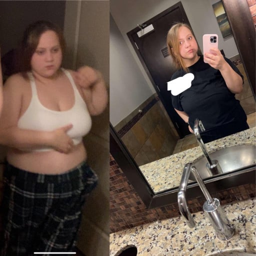 A progress pic of a 5'3" woman showing a fat loss from 220 pounds to 193 pounds. A respectable loss of 27 pounds.