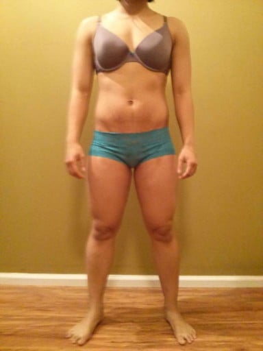 A before and after photo of a 5'0" female showing a snapshot of 114 pounds at a height of 5'0