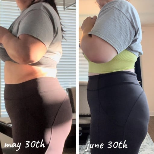 A photo of a 5'10" woman showing a weight cut from 265 pounds to 255 pounds. A net loss of 10 pounds.
