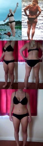 A picture of a 5'4" female showing a fat loss from 176 pounds to 139 pounds. A total loss of 37 pounds.