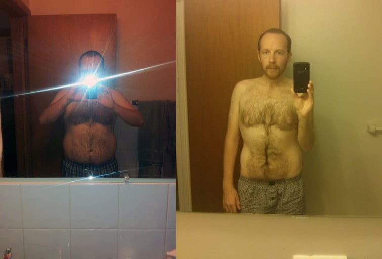 A photo of a 5'7" man showing a weight cut from 220 pounds to 165 pounds. A net loss of 55 pounds.