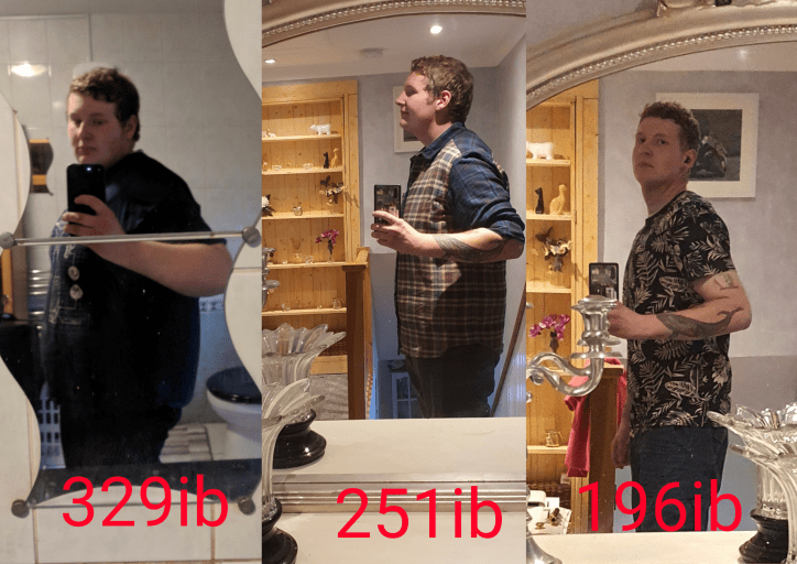 A before and after photo of a 5'11" male showing a weight reduction from 329 pounds to 196 pounds. A respectable loss of 133 pounds.