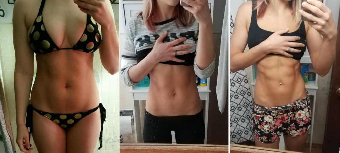 A before and after photo of a 5'5" female showing a weight reduction from 155 pounds to 120 pounds. A total loss of 35 pounds.