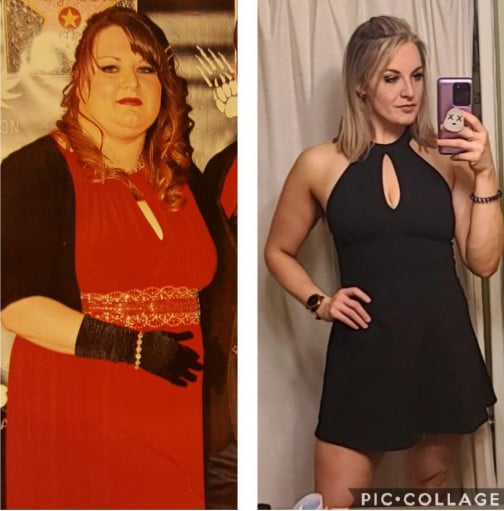 A before and after photo of a 5'10" female showing a weight reduction from 290 pounds to 170 pounds. A respectable loss of 120 pounds.