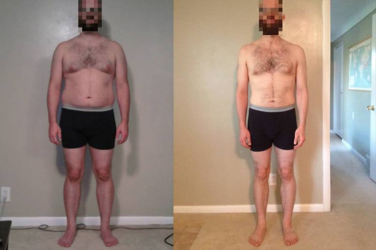 A photo of a 5'11" man showing a weight reduction from 220 pounds to 177 pounds. A total loss of 43 pounds.