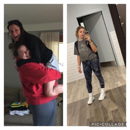 A photo of a 5'5" woman showing a weight cut from 245 pounds to 135 pounds. A net loss of 110 pounds.