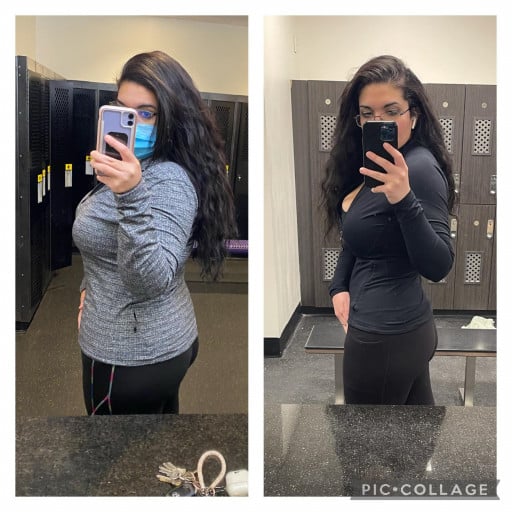 A before and after photo of a 5'8" female showing a muscle gain from 235 pounds to 260 pounds. A respectable gain of 25 pounds.
