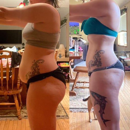 5 foot 1 Female Progress Pics of 9 lbs Fat Loss 150 lbs to 141 lbs