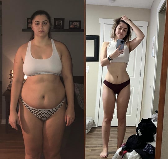 Before and After 92 lbs Weight Loss 5 foot 9 Female 240 lbs to 148 lbs