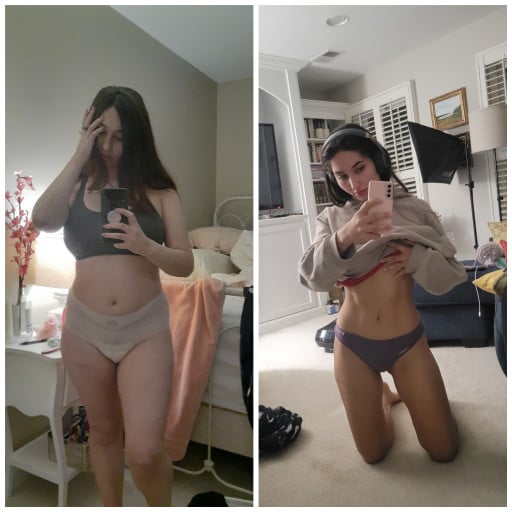A photo of a 5'7" woman showing a weight cut from 185 pounds to 145 pounds. A respectable loss of 40 pounds.