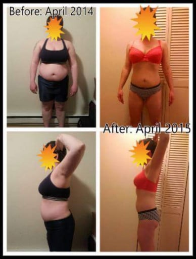 A before and after photo of a 5'3" female showing a weight reduction from 179 pounds to 136 pounds. A total loss of 43 pounds.
