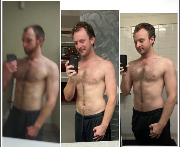 A before and after photo of a 5'9" male showing a muscle gain from 155 pounds to 167 pounds. A total gain of 12 pounds.