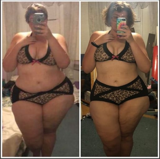A photo of a 5'7" woman showing a weight cut from 340 pounds to 268 pounds. A total loss of 72 pounds.