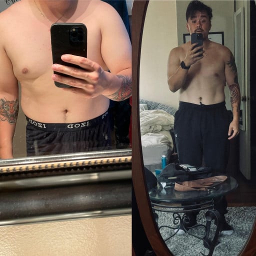 A before and after photo of a 5'7" male showing a weight reduction from 230 pounds to 185 pounds. A net loss of 45 pounds.