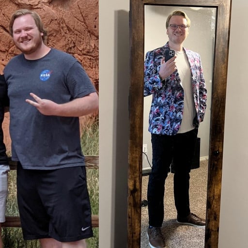 A progress pic of a 6'3" man showing a fat loss from 280 pounds to 240 pounds. A respectable loss of 40 pounds.