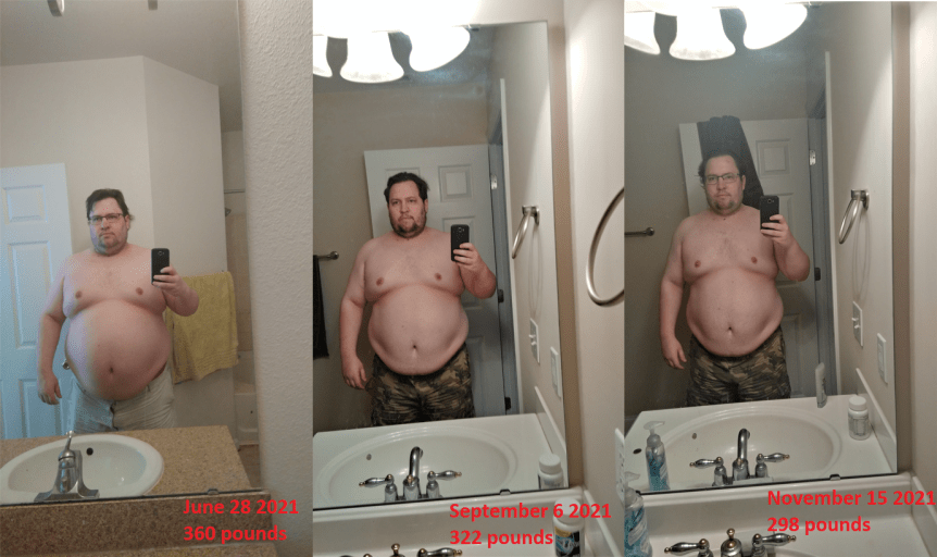A photo of a 5'10" man showing a weight cut from 360 pounds to 300 pounds. A respectable loss of 60 pounds.