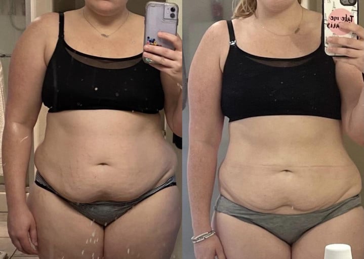 A before and after photo of a 5'3" female showing a weight reduction from 185 pounds to 163 pounds. A net loss of 22 pounds.
