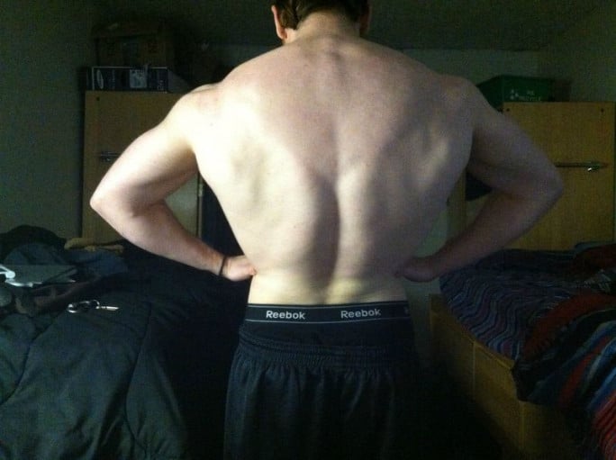 A photo of a 5'10" man showing a muscle gain from 145 pounds to 173 pounds. A net gain of 28 pounds.