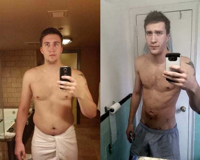 A before and after photo of a 6'5" male showing a weight reduction from 240 pounds to 186 pounds. A respectable loss of 54 pounds.
