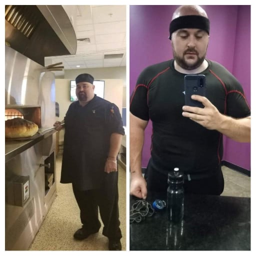 A progress pic of a 5'11" man showing a fat loss from 440 pounds to 306 pounds. A net loss of 134 pounds.