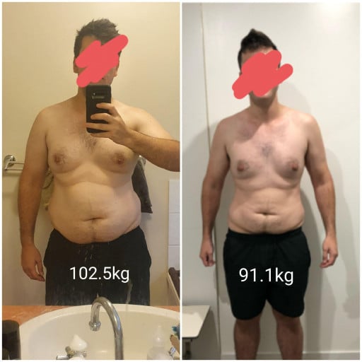 A picture of a 5'9" male showing a weight loss from 225 pounds to 200 pounds. A net loss of 25 pounds.