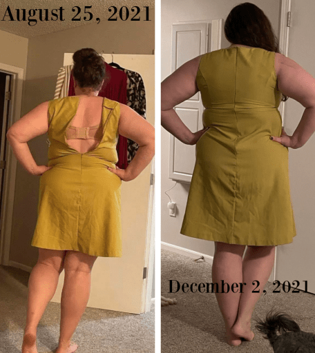 A before and after photo of a 5'11" female showing a weight reduction from 335 pounds to 299 pounds. A net loss of 36 pounds.