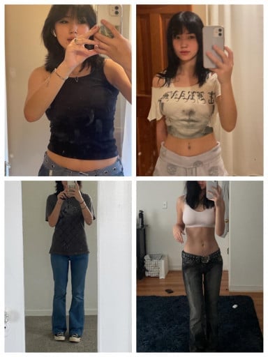 A before and after photo of a 5'4" female showing a weight reduction from 120 pounds to 107 pounds. A respectable loss of 13 pounds.