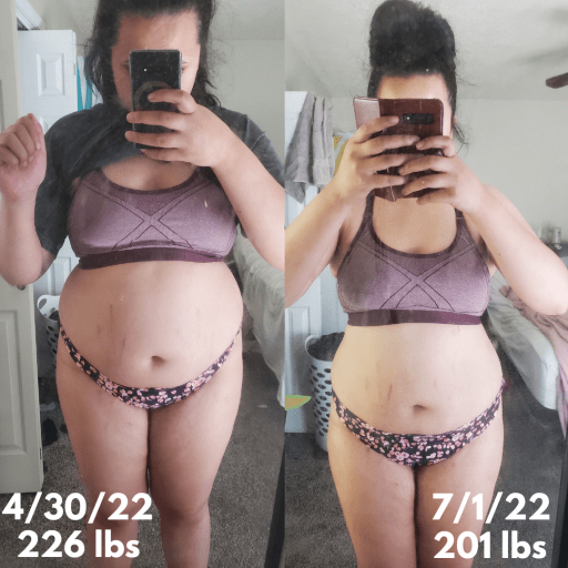 A progress pic of a 5'8" woman showing a fat loss from 226 pounds to 201 pounds. A respectable loss of 25 pounds.