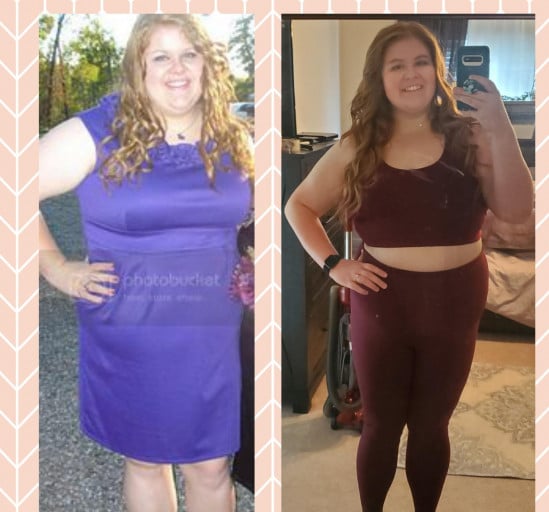 A before and after photo of a 6'0" female showing a weight reduction from 318 pounds to 293 pounds. A net loss of 25 pounds.