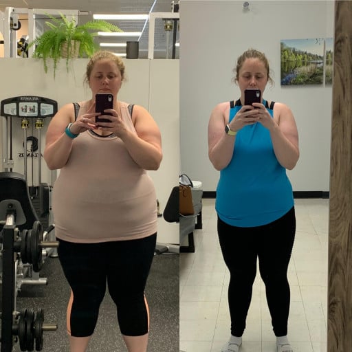 A progress pic of a 5'7" woman showing a fat loss from 298 pounds to 208 pounds. A respectable loss of 90 pounds.