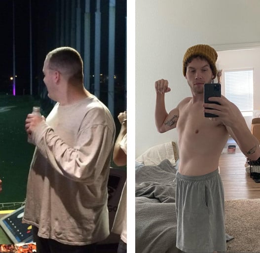 A progress pic of a 6'3" man showing a fat loss from 287 pounds to 185 pounds. A net loss of 102 pounds.