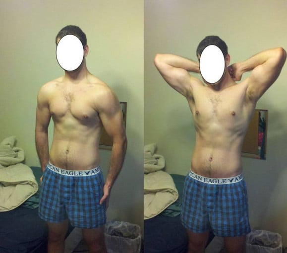 A picture of a 6'2" male showing a weight reduction from 215 pounds to 195 pounds. A total loss of 20 pounds.
