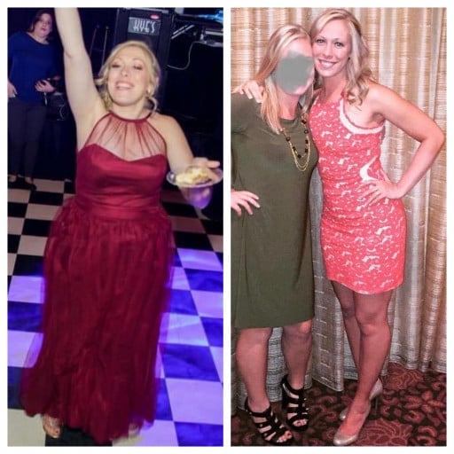 A before and after photo of a 5'6" female showing a weight reduction from 180 pounds to 145 pounds. A total loss of 35 pounds.
