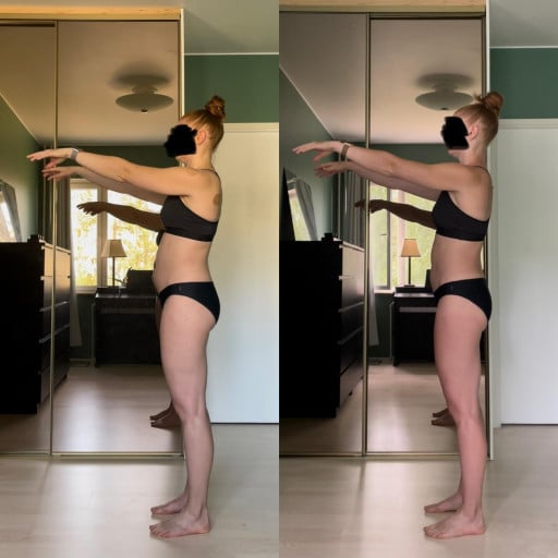 5 foot 6 Female Before and After 9 lbs Fat Loss 150 lbs to 141 lbs